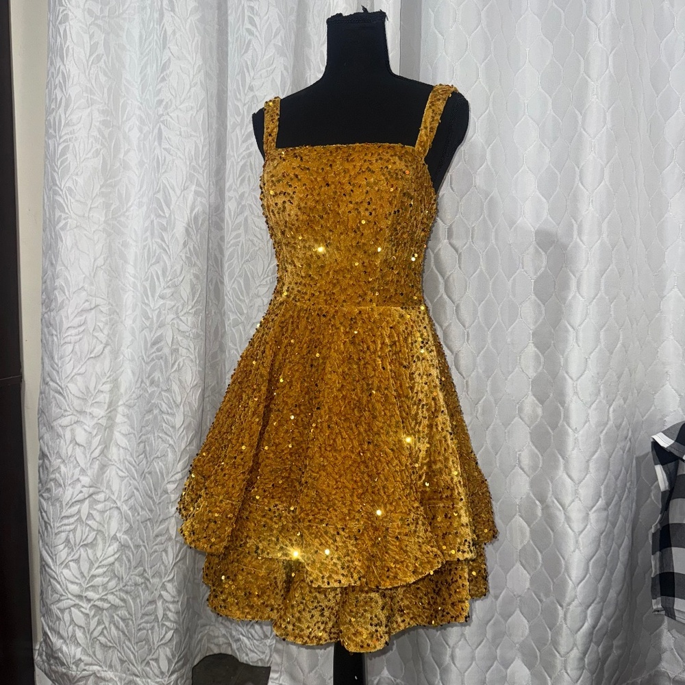 Sparkly gold Sequin Fit & Flare Corset Mini Dress lace back party cocktail dress